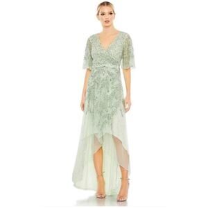 Mac Duggal Sage Green Chiffon Beaded Hi Lo Prom Bridal Gown Size 10 Style 93681
